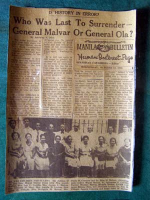 Newspaper clipping of General Malvar’s surrender